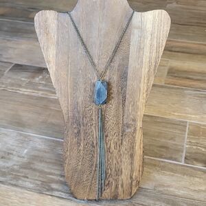 Beljoy Gunmetal Gray Geometric Stone Metal Fringe Pendant Chain Necklace